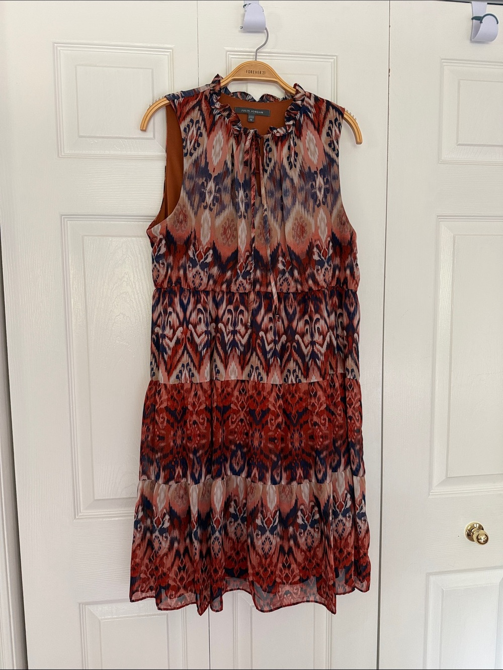julia jordan Sleeveless Ikat Tiered Dress in Rust, Navy, and Cream